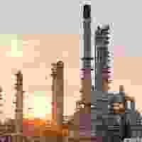 Oil and gas refinery plant at sunset