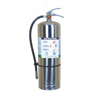 "JK Subsea stainless steel fire extinguisher with hose and instruction label