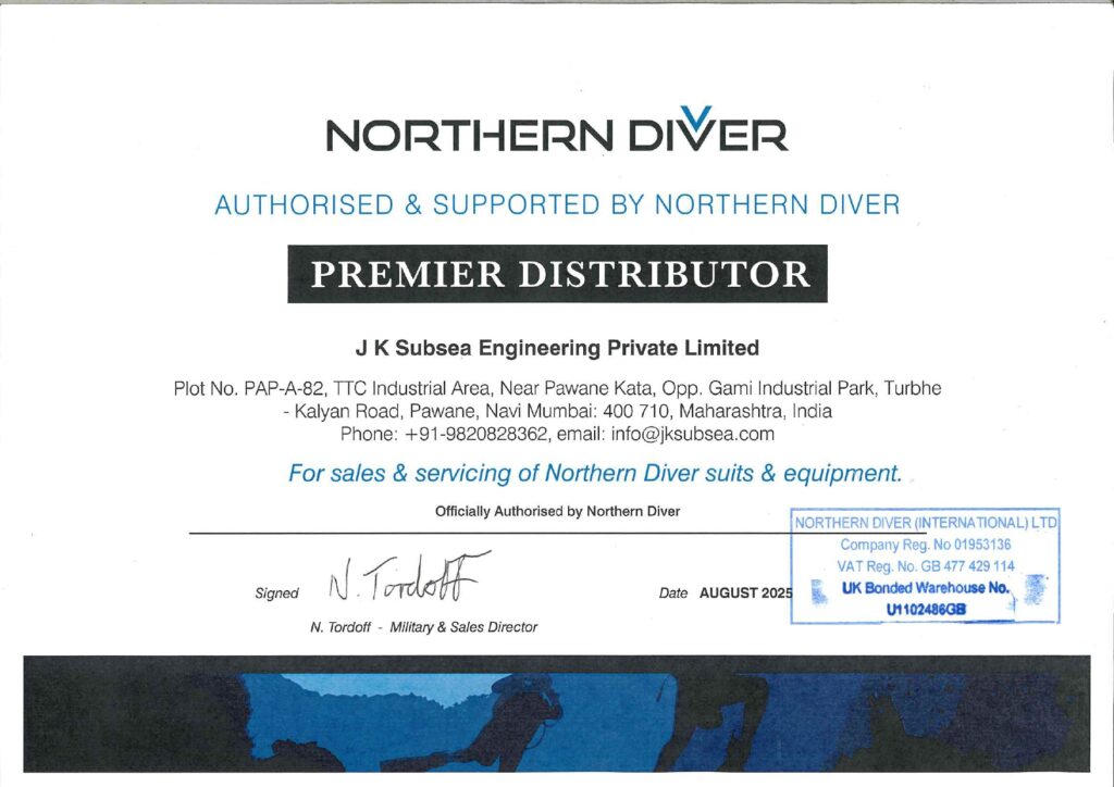 Northern Diver Premier Distributor authorization certificate for Subsea Engineering