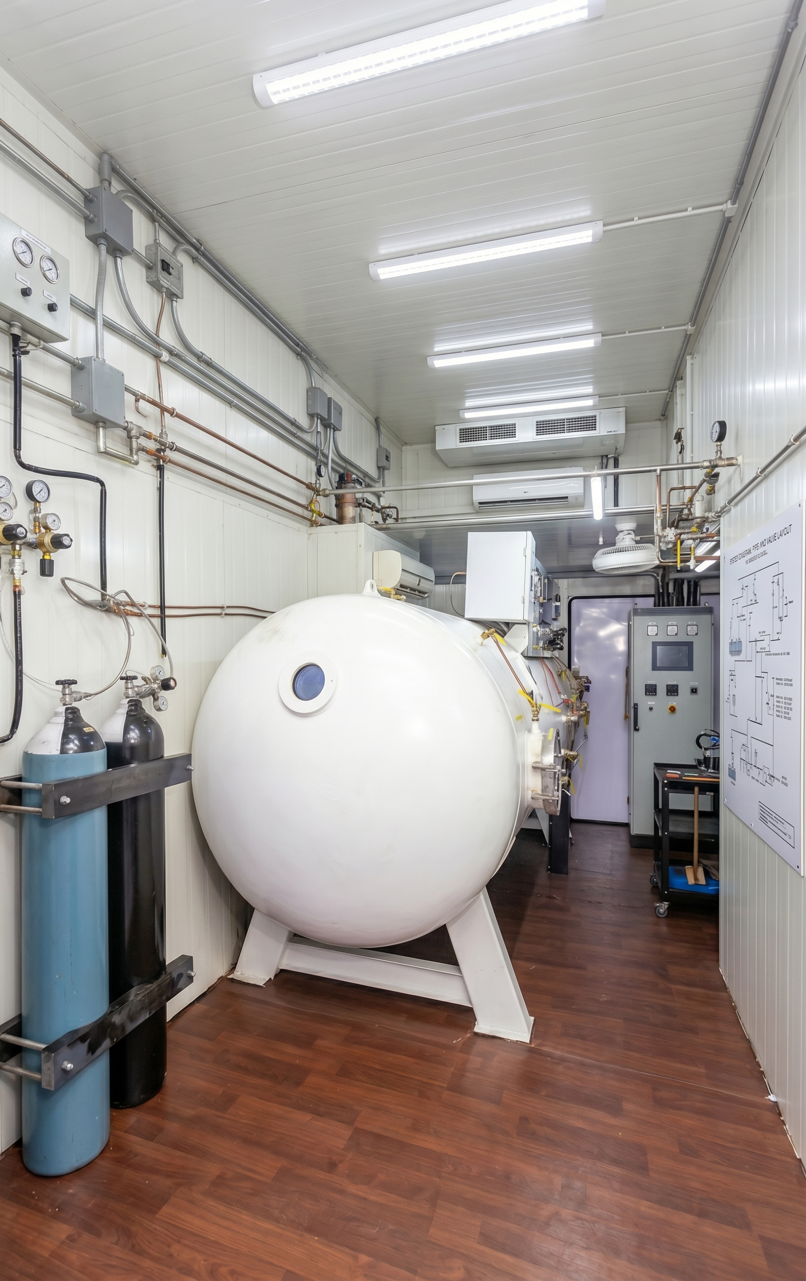 Interior of JK Subsea hyperbaric chamber facility with gas cylinders, control panel and gauges