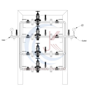 Technical schematic of oxygen manifold system with inlet and outlet valves
