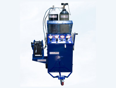 "Oxygen booster pump trolley with gauges, hose reel and cylinders