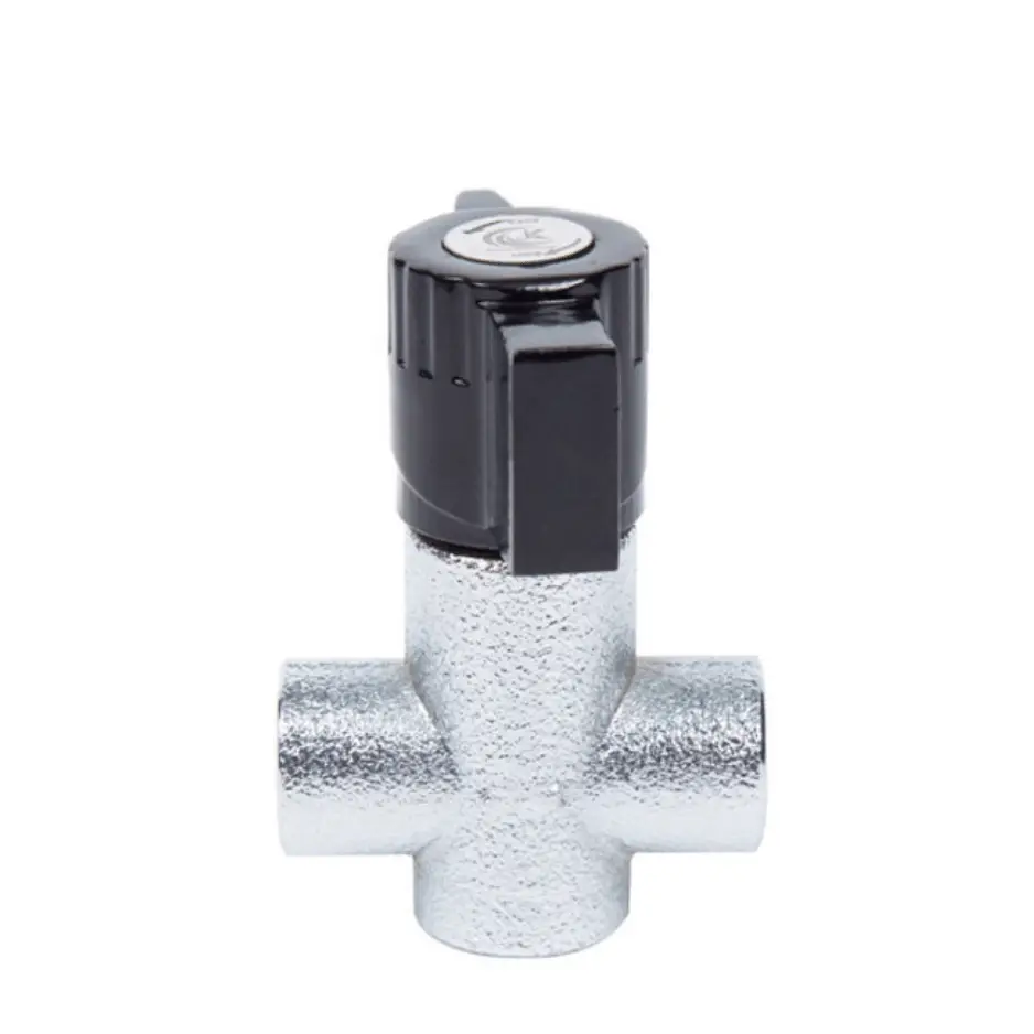 shutoff-valve-4 4-way shutoff valve with black lever handle, textured metal body