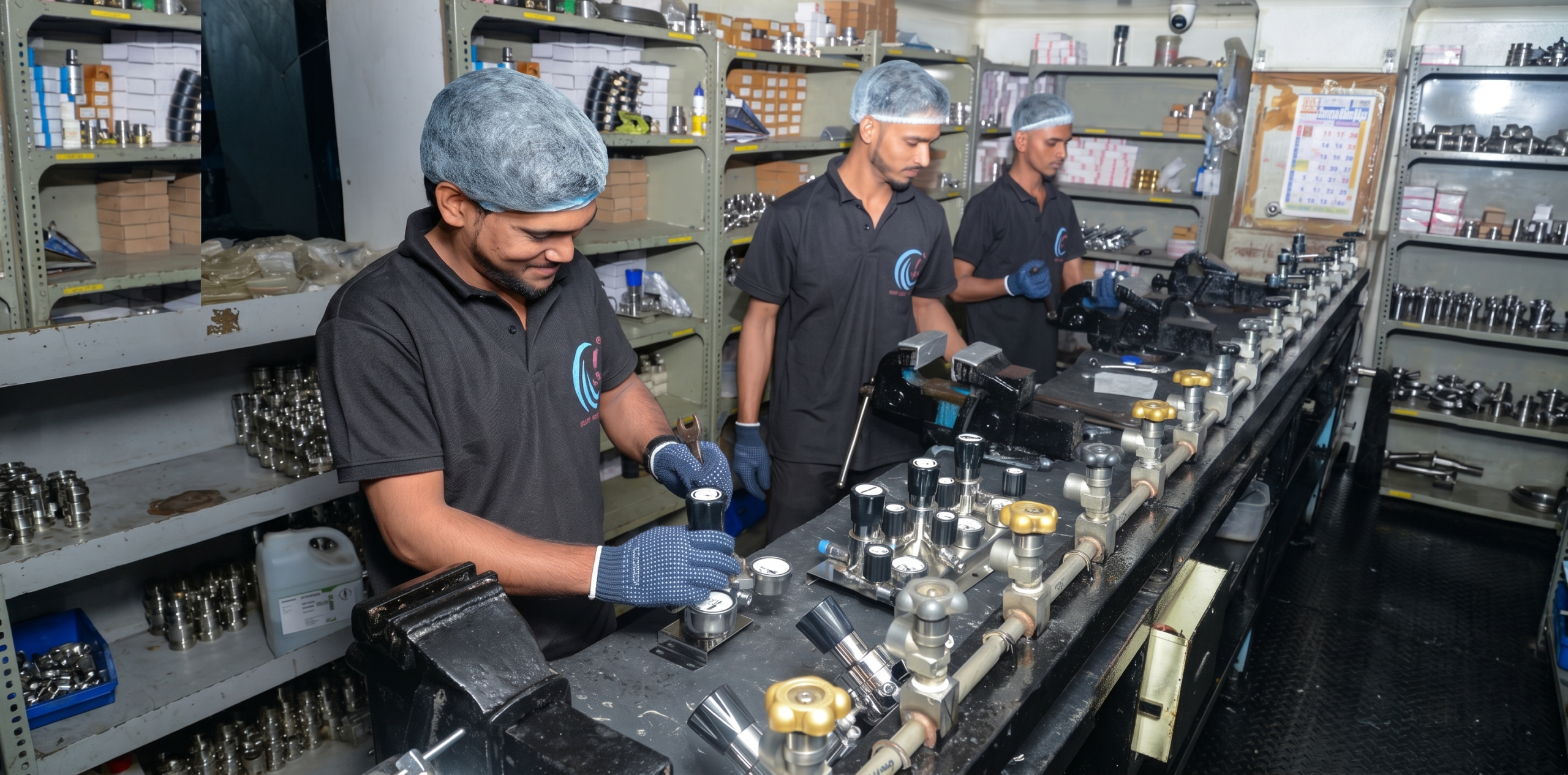 Technicians assembling high-pressure valve manifolds and gauges at JK Subsea manufacturing facility"
