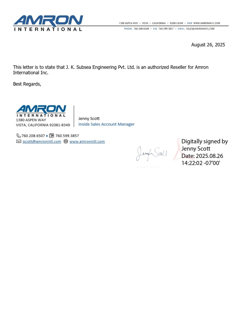 Authorized Reseller Letter - Amron International INC